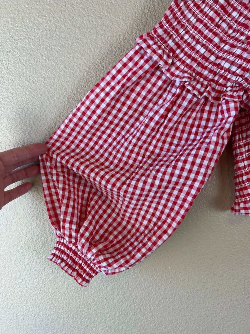 Zara red and white smocked gingham crop top